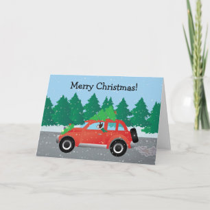 Brown Boston Terrier Driving a Christmas Car Holiday Card