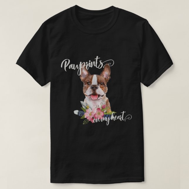 Brown Boston Terrier Gift With Flowers and Feather T-Shirt (Design Front)