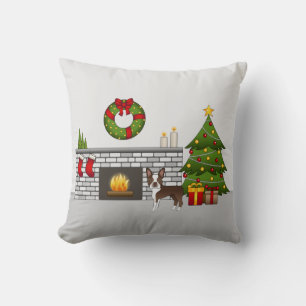 Brown Boston Terrier In A Festive Christmas Room Cushion