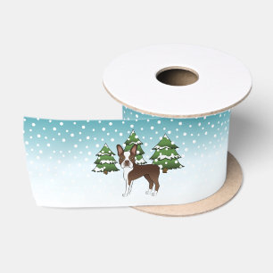 Brown Boston Terrier In A Winter Forest Satin Ribbon