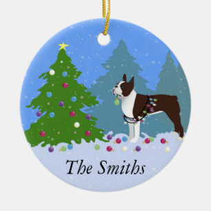 Brown Boston Terrier in Christmas Forest Ceramic Ornament