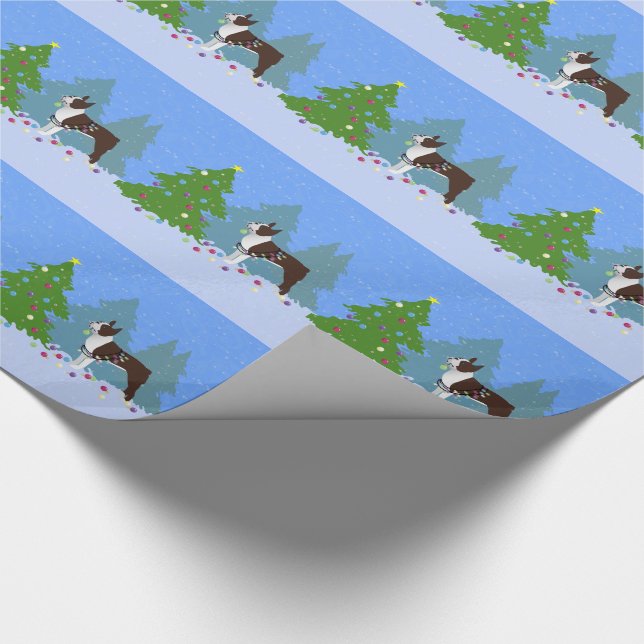 Brown Boston Terrier in Christmas Forest Wrapping Paper (Corner)