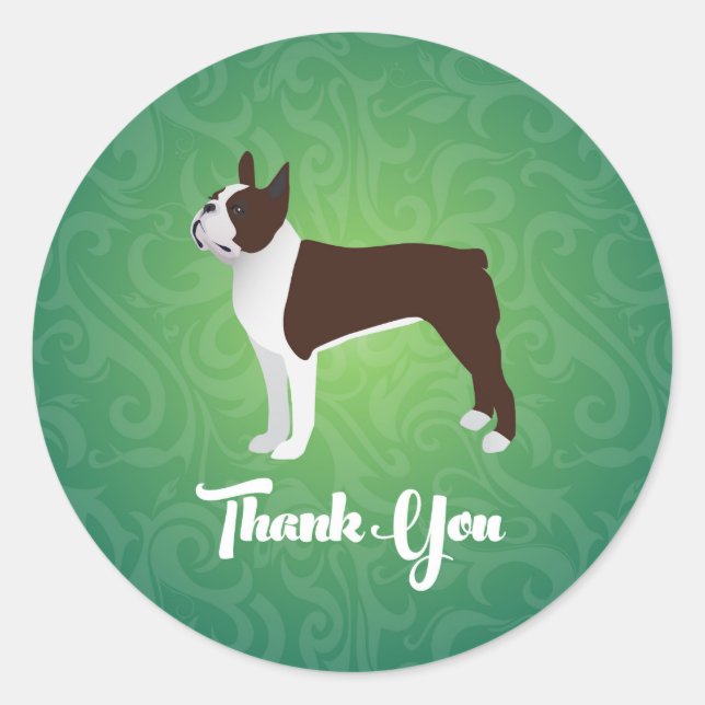 Brown Boston Terrier Thank You Note Design Classic Round Sticker (Front)