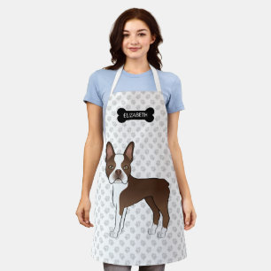 Brown Boston Terrier With Bone, Paws & Custom Name Apron