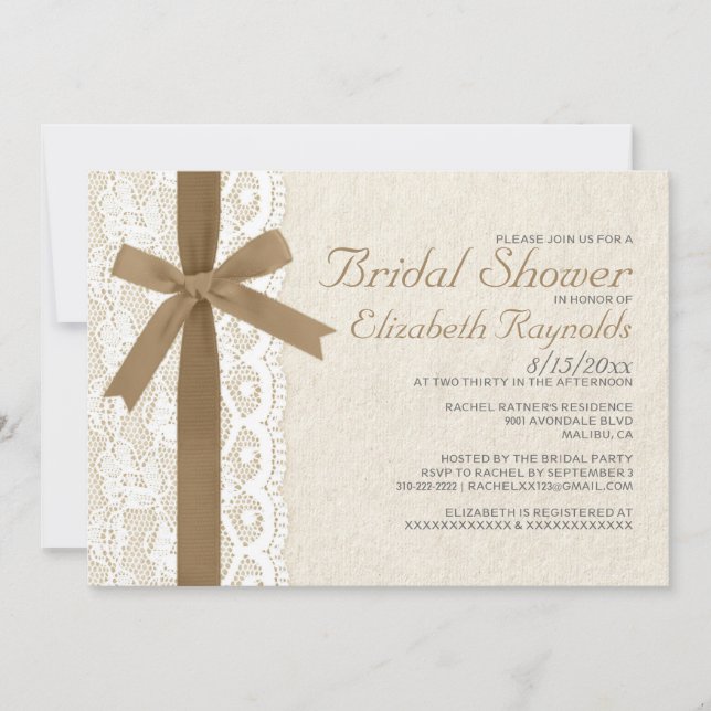 Brown Bow & Lace Bridal Shower Invitations (Front)