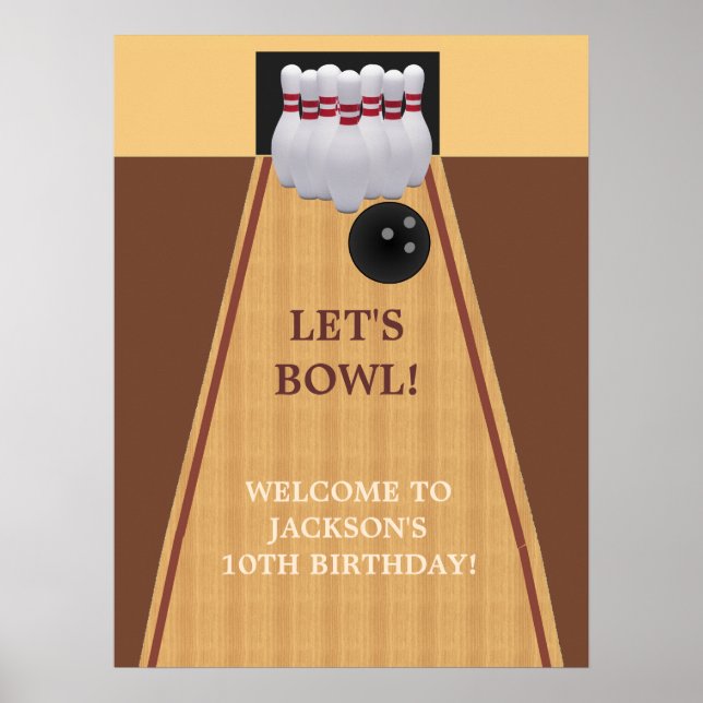 Brown Bowling Birthday Party Poster (Front)