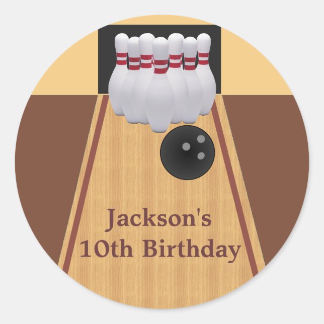 Brown Bowling Birthday Party Sticker (Front)