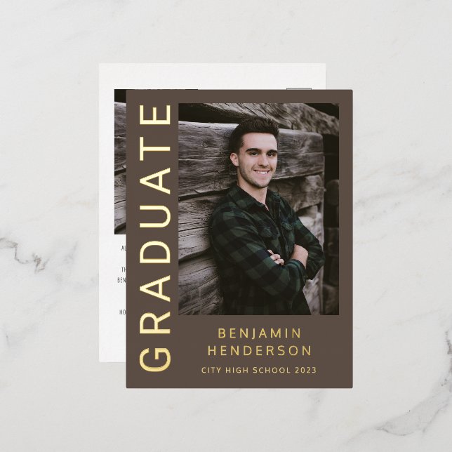 Brown Boy Photo Gold Foil Graduation Announcement (Front/Back)