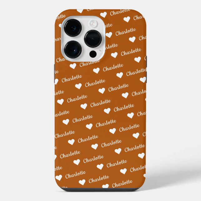 Brown Bronze Repeating Name Script Heart  iPhone Case (Back)
