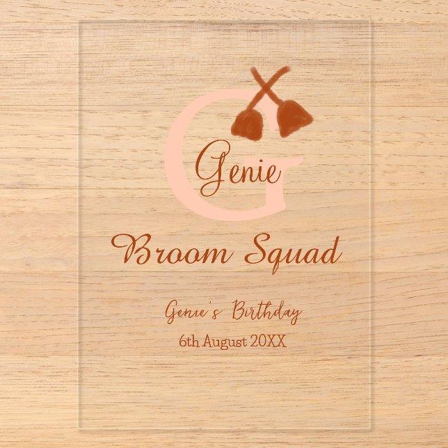 Brown broom Squad Birthday name peach monogram Acrylic Invitations (Front)