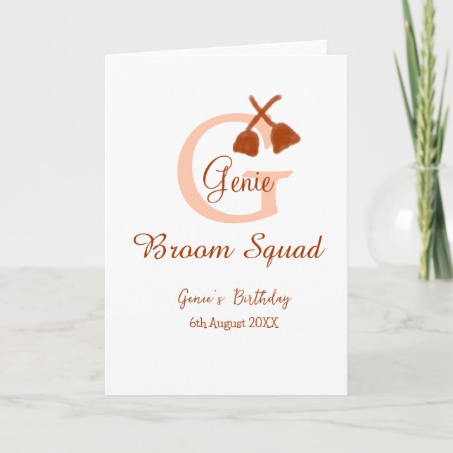 Brown broom Squad Birthday name peach monogram Card (Front)