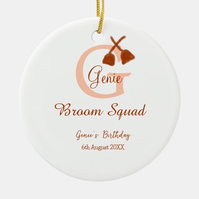 Brown broom Squad Birthday name peach monogram Ceramic Ornament (Front)