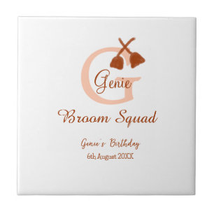 Brown broom Squad Birthday name peach monogram Ceramic Tile