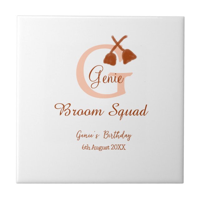 Brown broom Squad Birthday name peach monogram Ceramic Tile (Front)