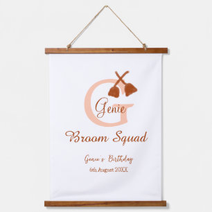 Brown broom Squad Birthday name peach monogram Hanging Tapestry