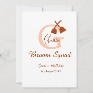 Brown broom Squad Birthday name peach monogram Invitation