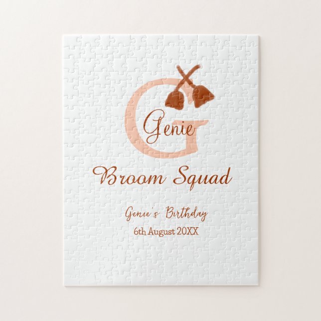 Brown broom Squad Birthday name peach monogram Jigsaw Puzzle (Vertical)