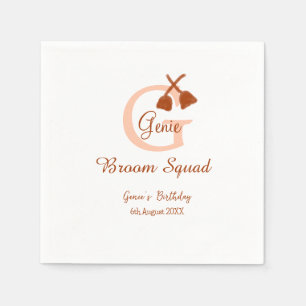 Brown broom Squad Birthday name peach monogram Napkin