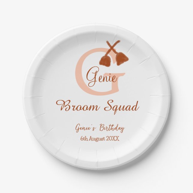 Brown broom Squad Birthday name peach monogram Paper Plate (Front)