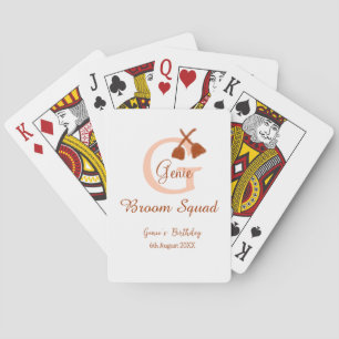 Brown broom Squad Birthday name peach monogram Playing Cards