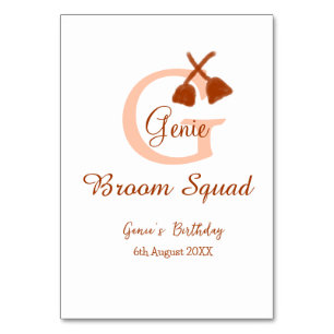 Brown broom Squad Birthday name peach monogram Table Number