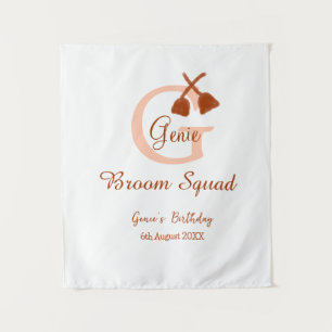 Brown broom Squad Birthday name peach monogram Tapestry