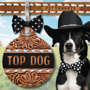 Brown Buck Stitched Tooled Leather Top Dog Pet Tag