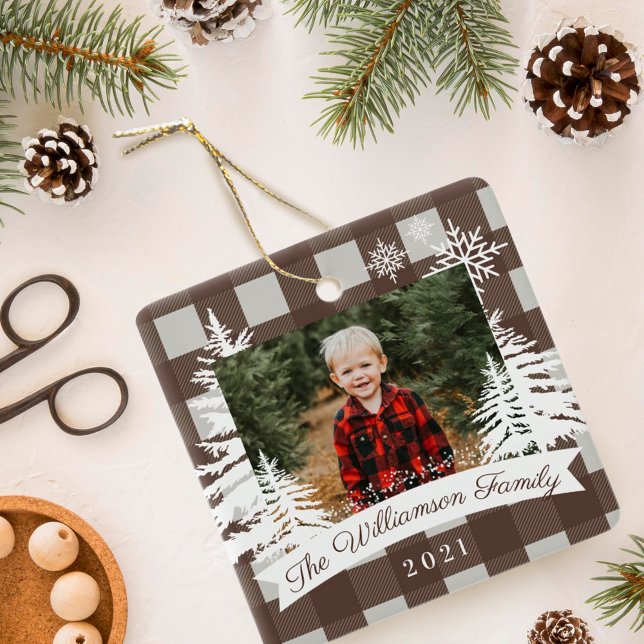 Brown Buffalo Plaid Rustic Pine Trees Family Photo Ceramic Ornament (Creator Uploaded)