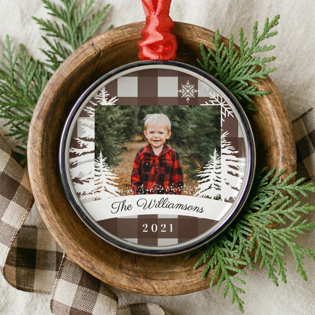 Brown Buffalo Plaid Rustic Pine Trees Family Photo Metal Ornament (Rustic Brown Buffalo Plaid Family Photo Keepsake Metal Ornament)