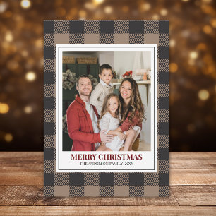 Brown Buffalo Plaid with Christmas Family Photo Holiday Card