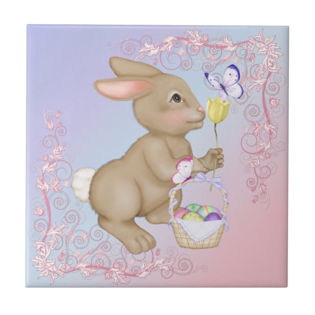 Brown Bunny and Egg Basket Ceramic Tile (Front)