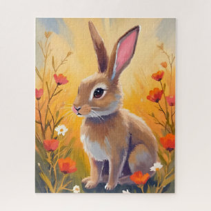 Brown Bunny Floral Field Animal Painting Jigsaw Puzzle