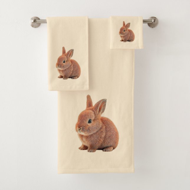 Brown Bunny on Light Champagne Beige Bath Towel Set (Insitu)