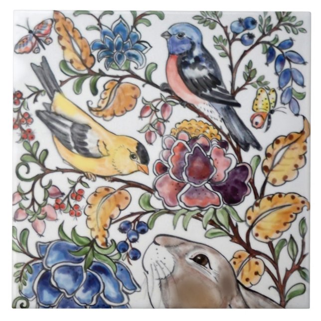 Brown Bunny Rabbit Bird Floral Top Faces L Ceramic Tile (Front)