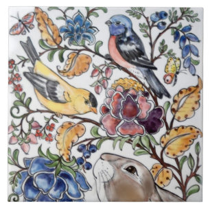 Brown Bunny Rabbit Bird Floral Top Faces R Ceramic Tile