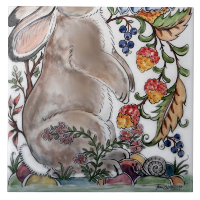 Brown Bunny Rabbit Bird Pretty Floral Mural Bottom Ceramic Tile (Front)