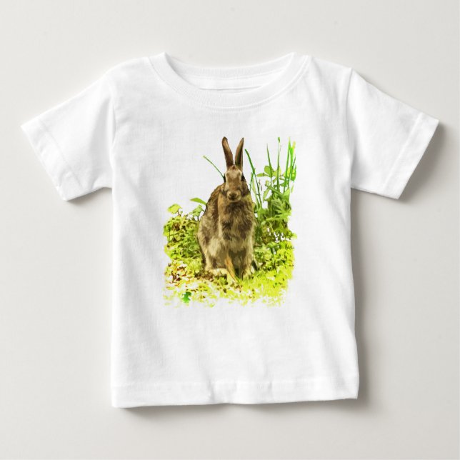 Brown Bunny Rabbit in Green Grass Baby T-Shirt (Front)