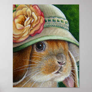 Brown Bunny Rabbit in Spring Bonnet Art 8x10 Poster