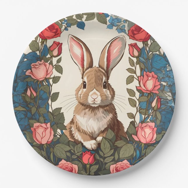 Brown Bunny Rose Garden Paper Plate (Front)