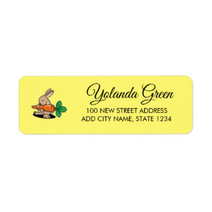 Brown bunny with carrot on yellow return address label