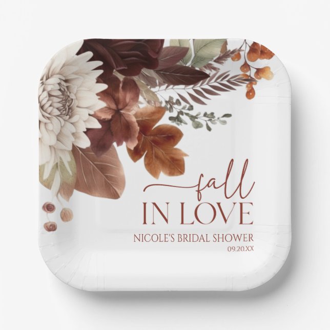 Brown Burgundy Fall In Love Floral Bridal Shower Paper Plate (Front)
