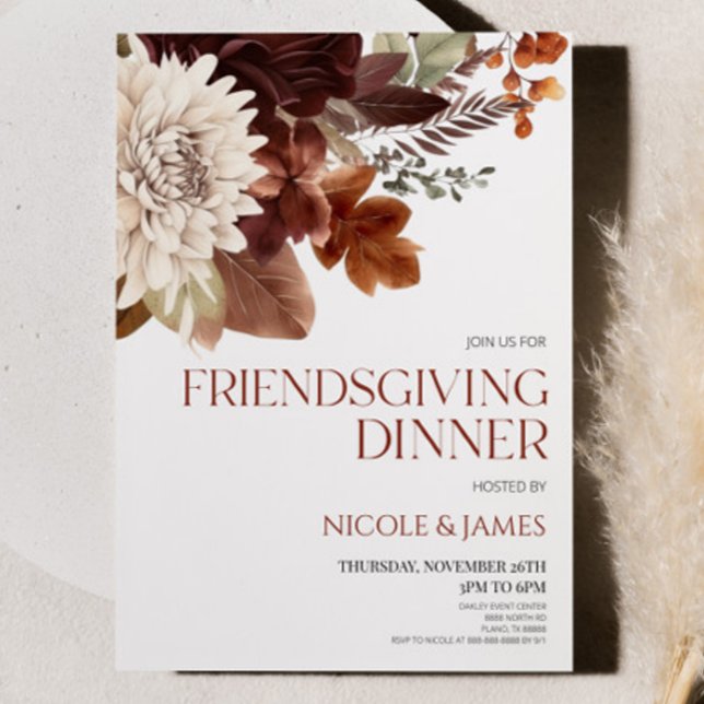 Brown Burgundy Floral Flower Friendsgiving Dinner Invitation (Creator Uploaded)