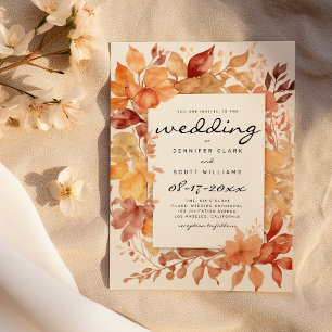 Brown burgundy red orange leaves Autumn wedding Invitation