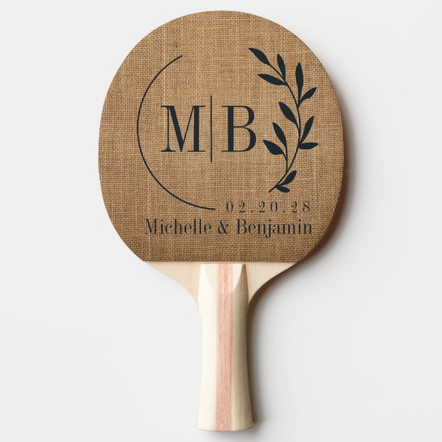 Brown Burlap Leaf Wedding Monogram Ping Pong Paddle (Back)