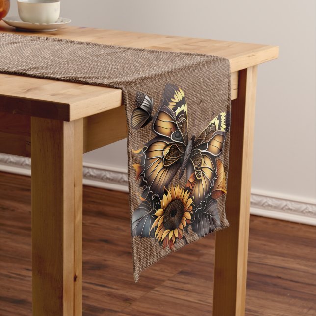 BROWN BURLAP LOOK WITH ORANGE BROWN BUTTERFLY LONG TABLE RUNNER (In Situ)