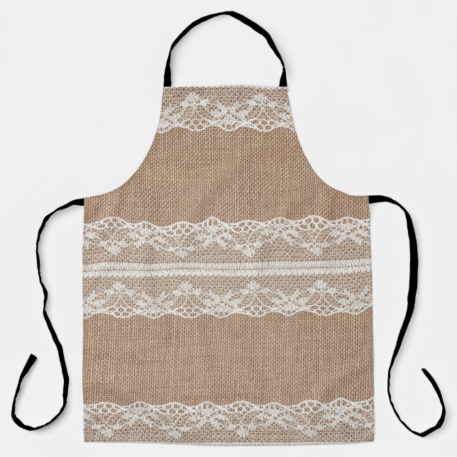 Brown Burlap Off-White Lace Texture Apron (Front)