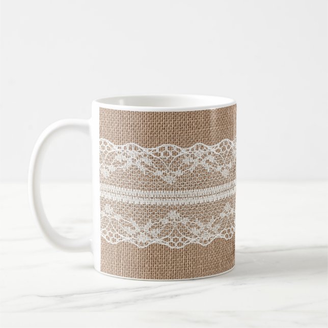 Brown Burlap Off-White Lace Texture Coffee Mug (Left)