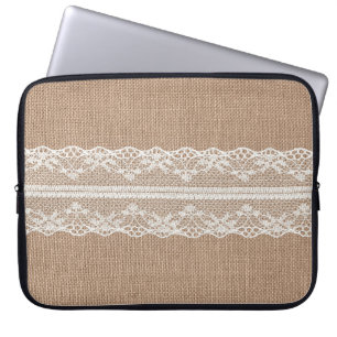 Brown Burlap Off-White Lace Texture Laptop Sleeve