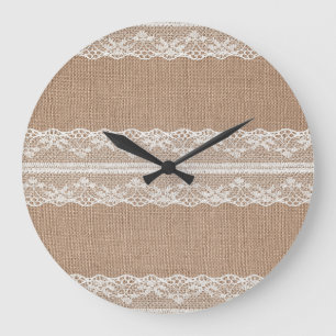 Brown Burlap Off-White Lace Texture Large Clock