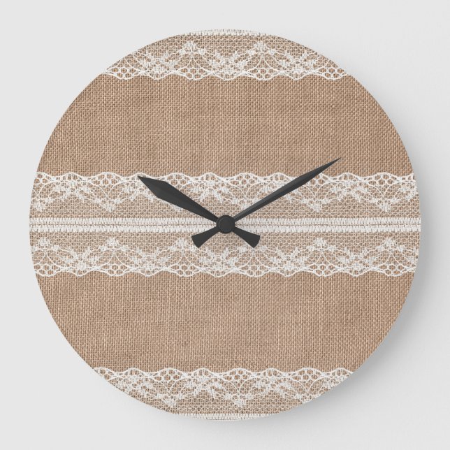 Brown Burlap Off-White Lace Texture Large Clock (Front)